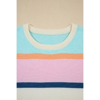 Multicolour Striped Color Block Flutter Sleeve Patchwork Sweater Top - L thumbnail