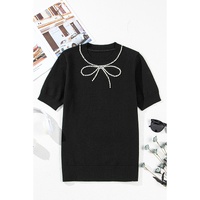 Black Pearl Bow Necklace Embellished Short Sleeve Knitted T Shirt - L thumbnail