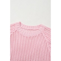 Pink Hollow-out Crochet Side Tied Short Sleeve Sweater - L thumbnail