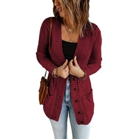 Burgundy Front Pocket and Buttons Closure Cardigan - 2XL thumbnail