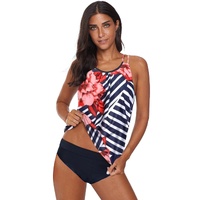 Fiery Red Floral Print Criss Cross Hollow-out Tankini Swimwear - S thumbnail