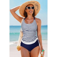 Blue Stripe Drawstring Tummy Control Mix-and-match 2pcs Tankini Swimsuit - L thumbnail