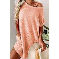 Pink Loose Fit Pockets Short Sleeve Beach Cover Up - M thumbnail