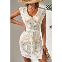 Beige Open Knit Drawstring Waist Beach Dress - S thumbnail
