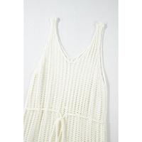 White Crochet Fishnet Fringed Edge V Neck Beach Cover Up - M thumbnail