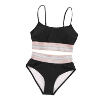 Black Striped Patchwork Spaghetti Strap High Waist Bikini Swimsuit - L thumbnail