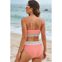 Peach Blossom Striped Patchwork Spaghetti Strap High Waist Bikini Swimsuit - XL thumbnail