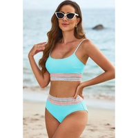 Turquoise Striped Patchwork Spaghetti Strap High Waist Bikini Swimsuit - L thumbnail