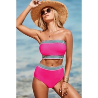 Rose Red Contrast Banding Tube Bikini High Waist 2pcs Swimsuit - M thumbnail
