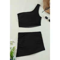 Black Pleated Mesh One Shoulder Bikini Top and Skirts Set - S thumbnail