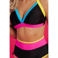Black Color Block Drawstring Side V Neck High Waist Bikini Set - S thumbnail