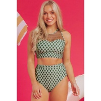 Green Dotted Mesh Plaid Patchwork High Waisted Bikini - S thumbnail