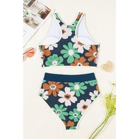 Blue Flower Zip up Racerback High Waisted Bikini - L thumbnail