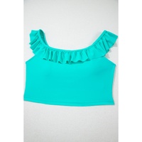 Sea Green Solid Ruffled Square Neck Swim Top and Floral Shorts Bikini Set - L thumbnail