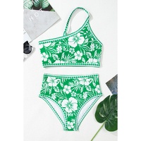 Green Floral Print One Shoulder High Waist Bikini Set - L thumbnail