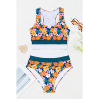 Green Floral Print Racerback Cutout High Waist 2pcs Bikini - L thumbnail