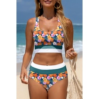 Green Floral Print Racerback Cutout High Waist 2pcs Bikini - L thumbnail