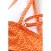 Orange Adjustable Straps Ribbed Knit One Piece Swimsuit - S thumbnail
