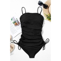 Black Ribbed Drawstring Sides Cutout One Piece Swimsuit - 2XL thumbnail