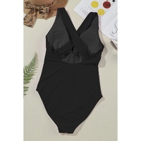Black Deep V Neck Crossover Backless Ruched High Cut Monokini - M thumbnail