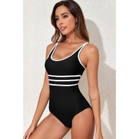 Black Contrast Trim Colorblock U Neck One Piece Swimwear - 2XL thumbnail