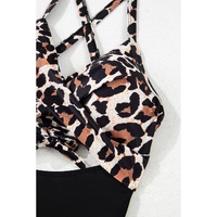 Black Leopard 2-tone Crossed Cutout Backless Monokini - S thumbnail