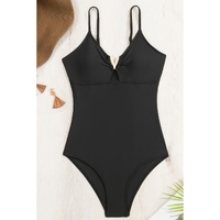 Black Spaghetti Straps Metal V Decor One-Piece Swimsuit - S thumbnail