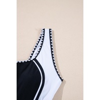 Black Color Block Ric Rac Trim U Neck One Piece Swimsuit - M thumbnail
