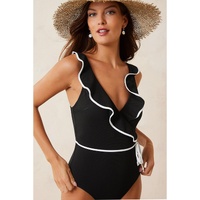 Black Color Contrast Ruffled Wrap V Neck Swimsuit - L thumbnail