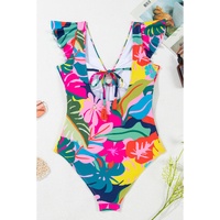 Green Tropical Print V Neck Tied Backless One Piece Swimsuit - M thumbnail