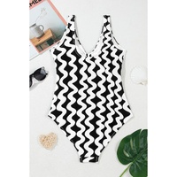 Black Stripe Bowknot Ricrac Print V Neck Low Back Cut One Piece Swimsuit - M thumbnail