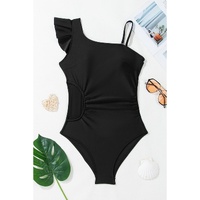 Black Asymmetric Ruffle Shoulder Pleated One Piece Swimsuit - XL thumbnail