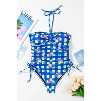 Blue Folk Gingham Halter Ruched Bodice Drawstring Ties One Piece Swimwear - S thumbnail