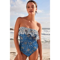 Sky Blue Floral Printed Ruffle Removable Strap One Piece Swimsuit - M thumbnail
