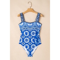 Blue Tile Pattern Ricrac Wide Straps Sheath One Piece Swimsuit - L thumbnail