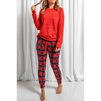 Solid Long Sleeve Top and Plaid Pants Loungewear - S thumbnail