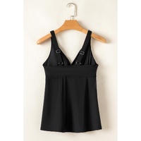 Black Crossed V Neck Adjustable Strap Babydoll Tankini Top - M thumbnail