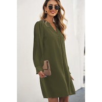 Azura Exchange Green Split V Neck Ruffled Sleeves Shirt Dress - M thumbnail