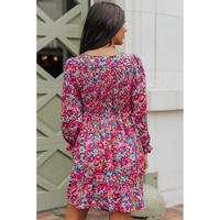 Purple Smocked V Neck Puffy Sleeve Floral Dress - S thumbnail