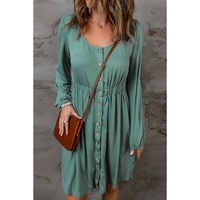 Green Button Up High Waist Long Sleeve Dress - S thumbnail