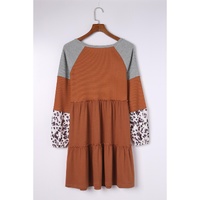 Brown Waffle Knit Leopard Patchwork Long Sleeve Dress - S thumbnail