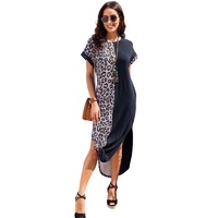 Black Contrast Solid Leopard Short Sleeve T-shirt Dress with Slits - S thumbnail