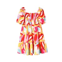 Multicolor Geometric Print Smocked Babydoll Mini Dress - M thumbnail