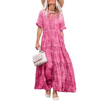 Pink Paisley Print Boho Holiday Ruffle Tiered Maxi Dress - L thumbnail