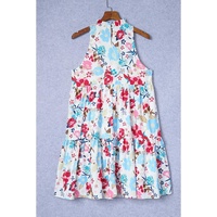 White Frill Mock Neck Sleeveless Tiered Floral Dress - L thumbnail
