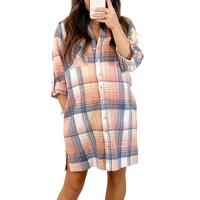 Azura Exchange Pink Plaid Roll-tab Sleeve Side Slit Shirt Dress - M thumbnail