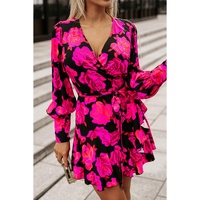 Rose Floral Print V Neck Wrap Bishop Sleeve Ruffle Tiered Mini Dress - L thumbnail