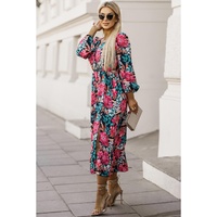Azura Exchange Red V Neck Elastic High Waist Split Floral Dress - S thumbnail