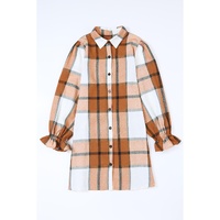 Khaki Plaid Pattern Collared Neck Ruffled Sleeve Shirt Dress - S thumbnail