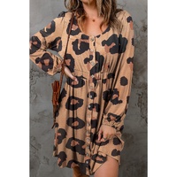 Leopard Print Button Front Bubble Sleeve Loose Knit Dress - L thumbnail